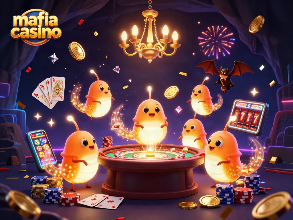 Mafia Casino features vibrant glowworms illuminating a lively casino scene full of excitement and classic gaming elements.