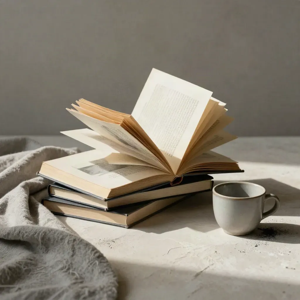 Tre paperback noir italiani, una tazza di ceramica e una coperta di lana su intonaco chiaro.