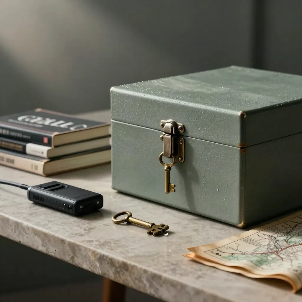 Scatola archivio, libri noir, registratore podcast e chiave di ottone su pietra bagnata.