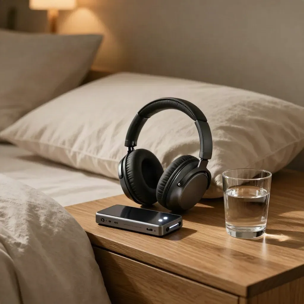 Setup notturno sul letto con cuffie, registratore e bicchiere d’acqua su legno caldo.