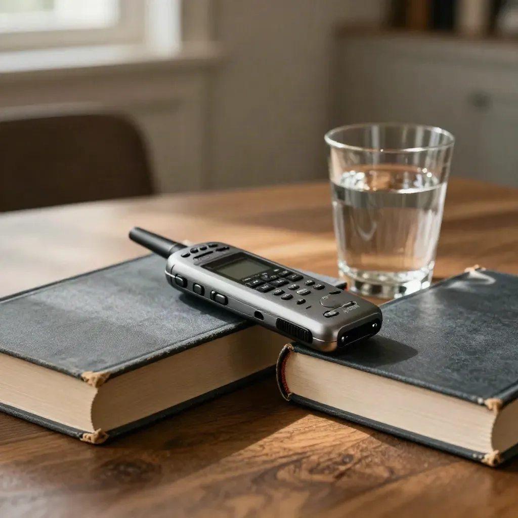 Registratore vocale, due libri e un bicchiere d’acqua su un tavolo di libreria, luce calda