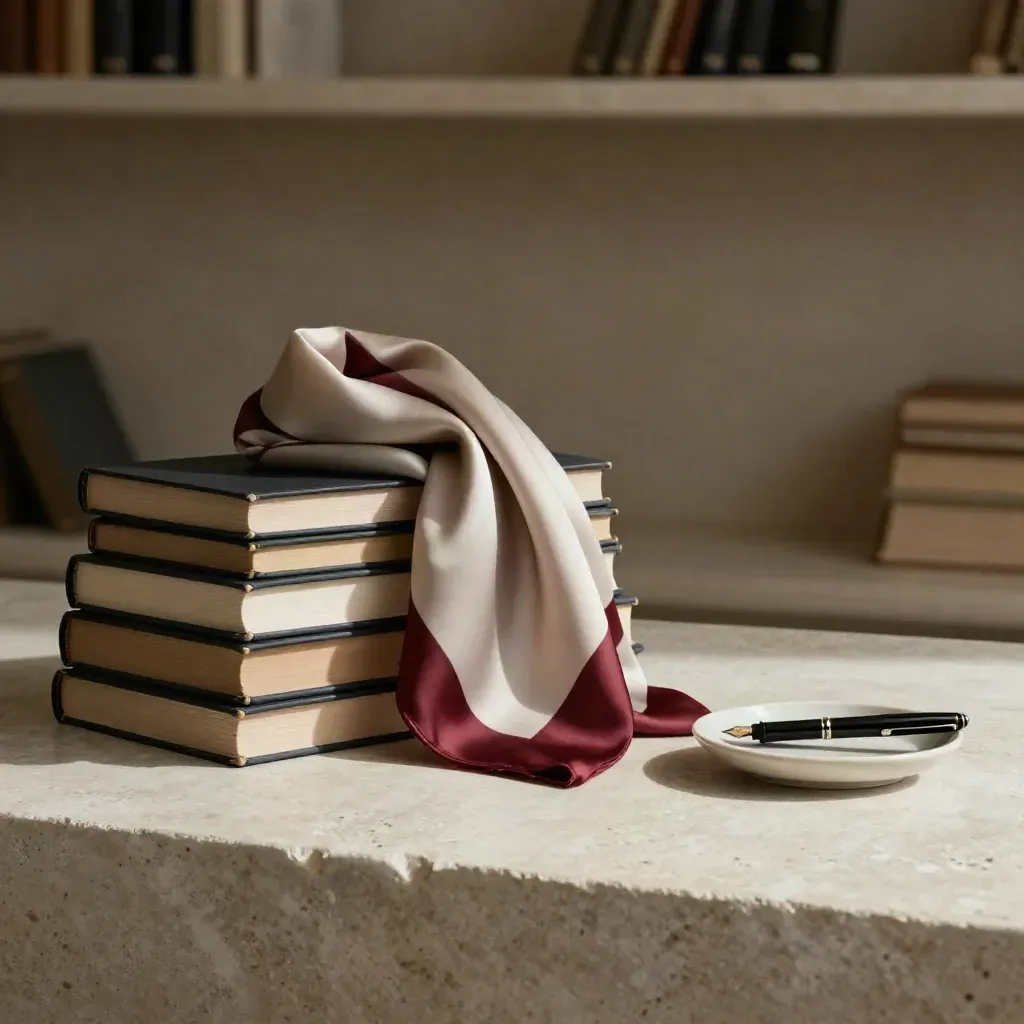 Libri noir, foulard di seta, piattino in ceramica e stilografica su travertino chiaro.