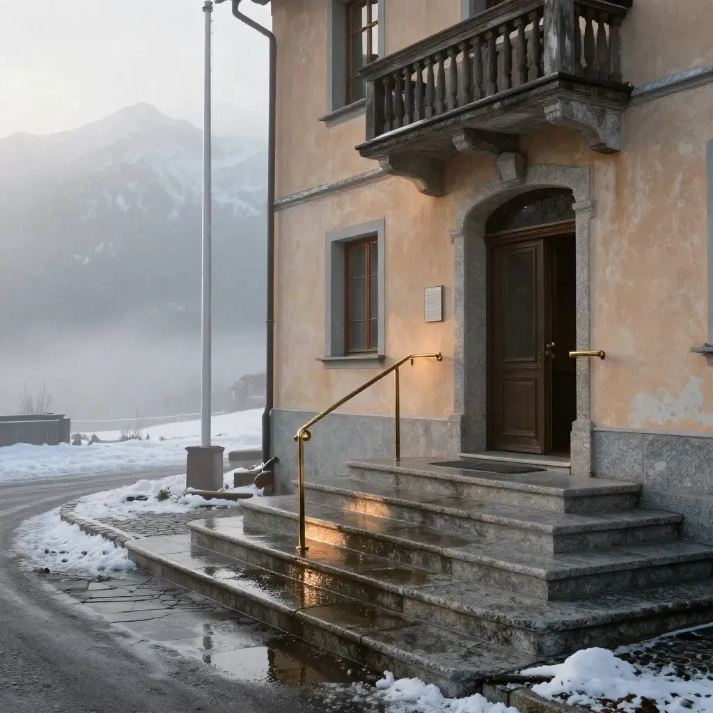 Ingresso di un tribunale alpino con scale bagnate, nebbia del mattino e luce calda.