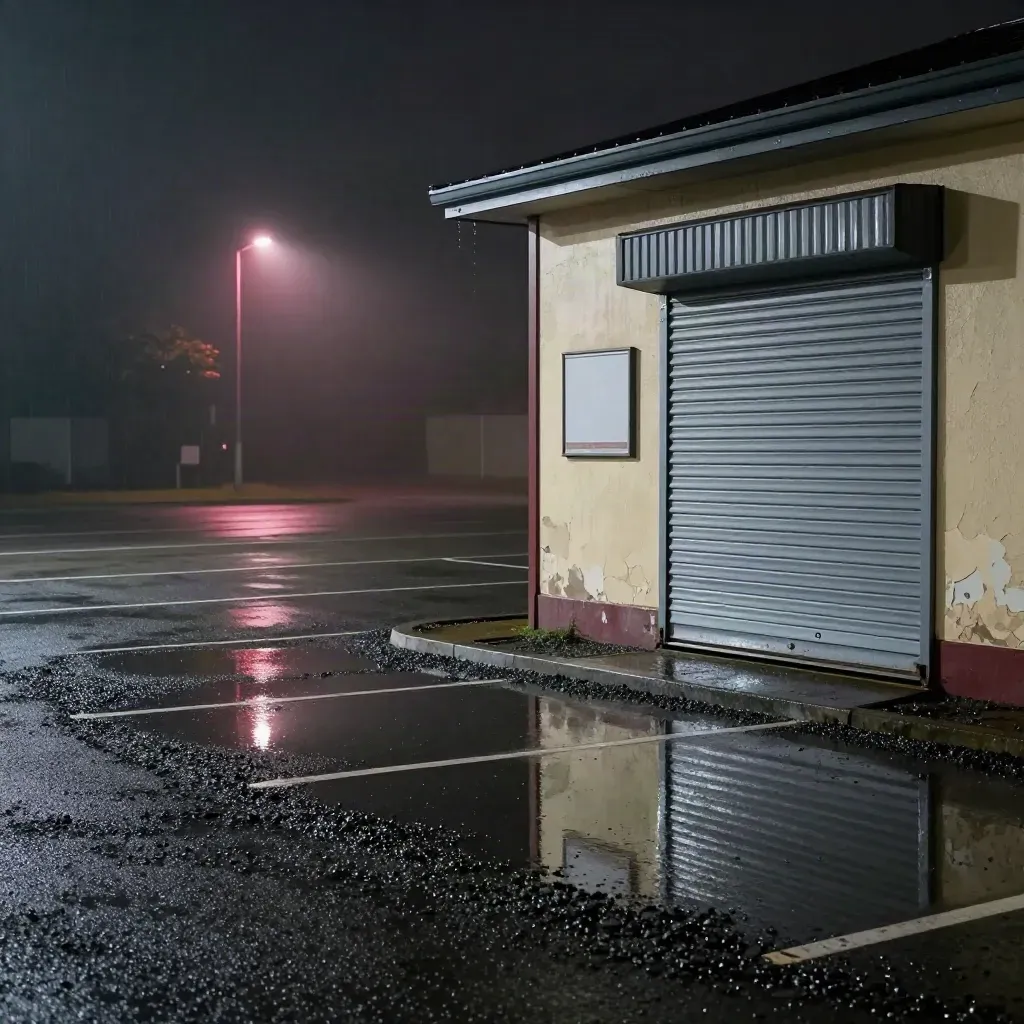 Parcheggio sterrato bagnato di notte, bar chiuso a saracinesca, riflesso di lampada e nebbia.