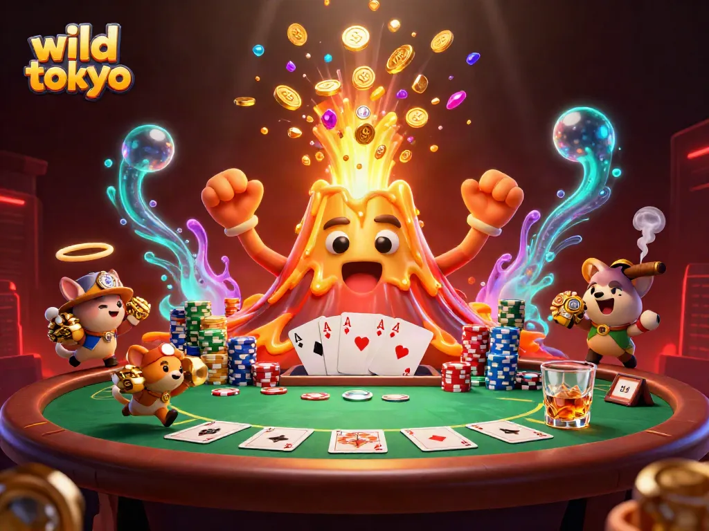 Join the excitement at wild tokyo casino, where treasure spills from a golden volcano amidst vibrant game elements.